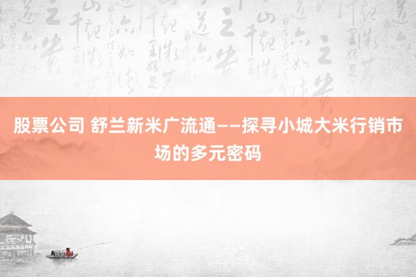 股票公司 舒兰新米广流通——探寻小城大米行销市场的多元密码